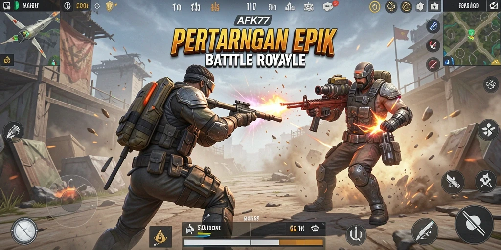 Tampilan utama gameplay AFK77 dalam pertempuran Battle Royale yang sengit.