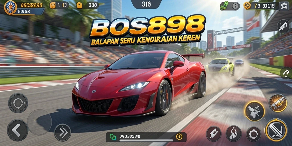 Screenshot gameplay BOS898 menampilkan mobil balap yang melaju kencang di trek yang menantang.