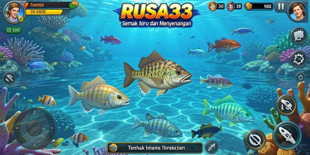 Menunjukkan gameplay seru RUSA33 dalam menembak ikan berwarna-warni.